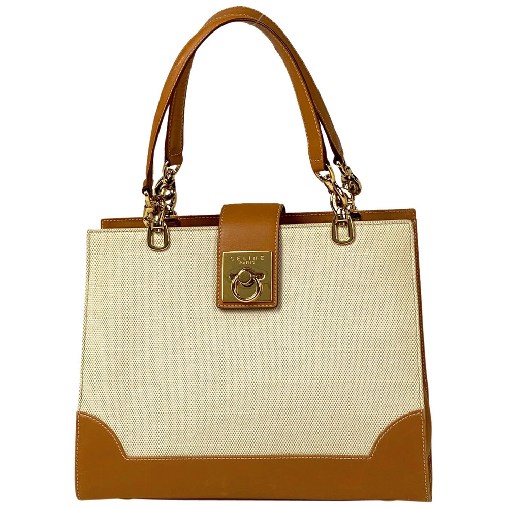 Celine logo chain handbag tote bag canvas brown